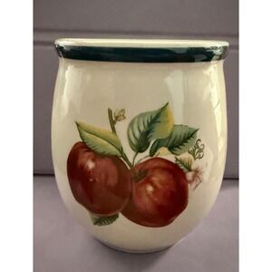 Casuals Apple Ceramic Utensil Holder Crock Cream Green Rim 6 Inch